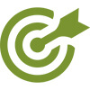 Eine grünes Icon stellt symbolisch einen Pfeil dar, der mitten in einer Zielscheibe steckt. Das Symbol steht dafür dass die Filmproduktion Karlsruhe mp-film die audiovisuellen Produkte immer auf die jeweilige Zielgruppe ausrichtet