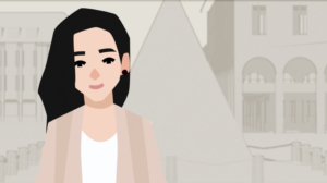 Screenshot Erklärfilm eine Cartoonfrau steht vor der Pyramide in Karlsruhe