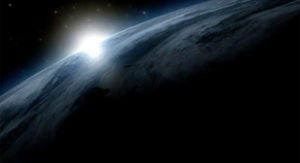 Screenshot einer 3D-Animation für das Staatliche Naturkundemuseums Karlsruhe - die Erde vom All aus gesehen bei Sonnenaufgang. Produziert von der Filmproduktion Karlsruhe mp-film.