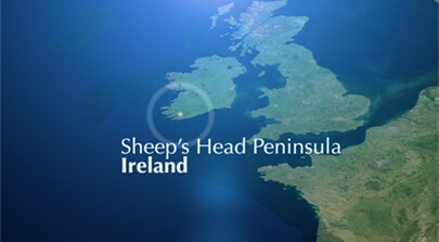 Screenshot einer 2D Animation. Aus der Vogelperspektive ist Irland zu sehen. Der Süden Irlands ist mit einem Stern markiert. Bild auf der Seite Portfolio. Dort befindet sich der Sheep's Head Way. Eventfilm produziert von der Filmproduktion Karlsruhe mp-film für die Verleihung des Eden Awards der durch die Europäische Kommission vergeben wird.