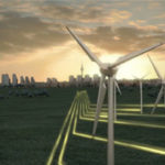 Screenshot einer 3D-Animation eines Windparks der vor einer Stadt steht. Die produzierte nachhaltige Energie fließt leuchtend in Richtung City. Die Szene stammt aus dem Erklärfilm der Filmproduktion Karlsruhe mp-film für Vattenfall. Bild auf der Seite Portfolio.