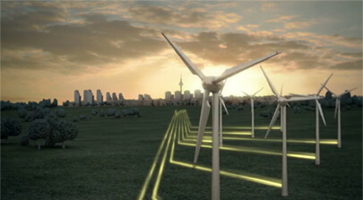 Screenshot einer 3D-Animation eines Windparks der vor einer Stadt steht. Die produzierte nachhaltige Energie fließt leuchtend in Richtung City. Die Szene stammt aus dem Erklärfilm der Filmproduktion Karlsruhe mp-film für Vattenfall. Bild auf der Seite Portfolio.