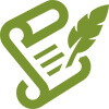 Eine grünes Icon stellt symbolisch ein Blatt Papier dar, das von einer Feder beschrieben wird. Das Symbol steht dafür dass die Filmproduktion komplexe Inhalte in cleveren Konzepten erzählt.